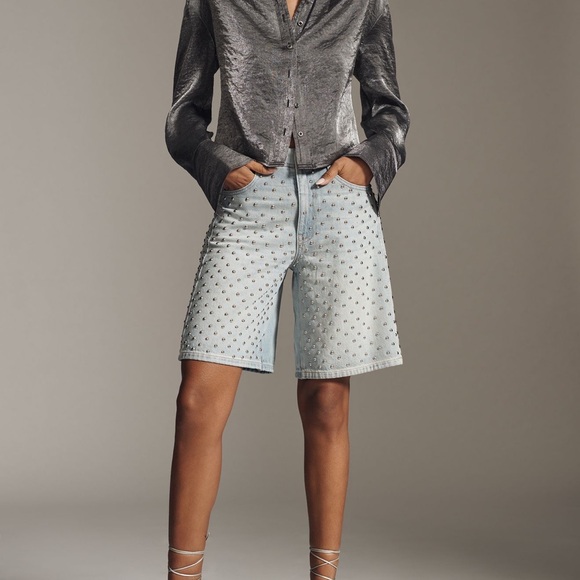 Anthropologie The Adi Studded Mid-Rise Relaxed Bermuda Shorts by Pilcro - Picture 3 of 5